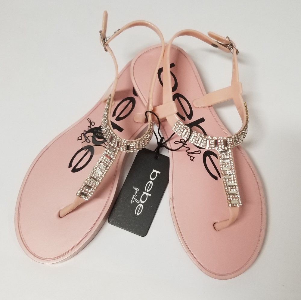Bebe Girl's Blush T-Strap Slingback Sandals with Sparkly Rhinestones L 2-3 - Picture 4 of 11